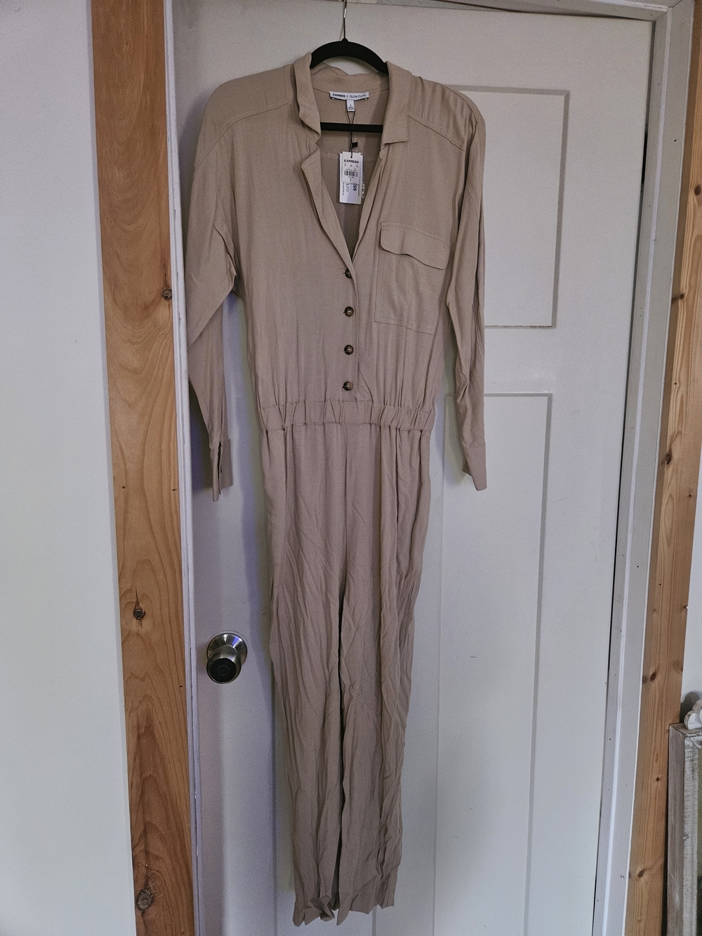 Express Beige Button-Front Long Sleeve Jumpsuit